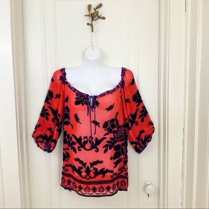 Hale Bob red velvet burnout peasant top
